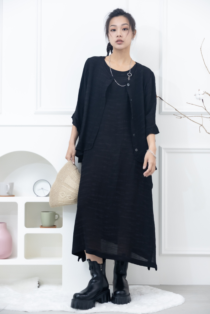 원피스 不規則橫織暈染感無袖洋裝 / 黑色