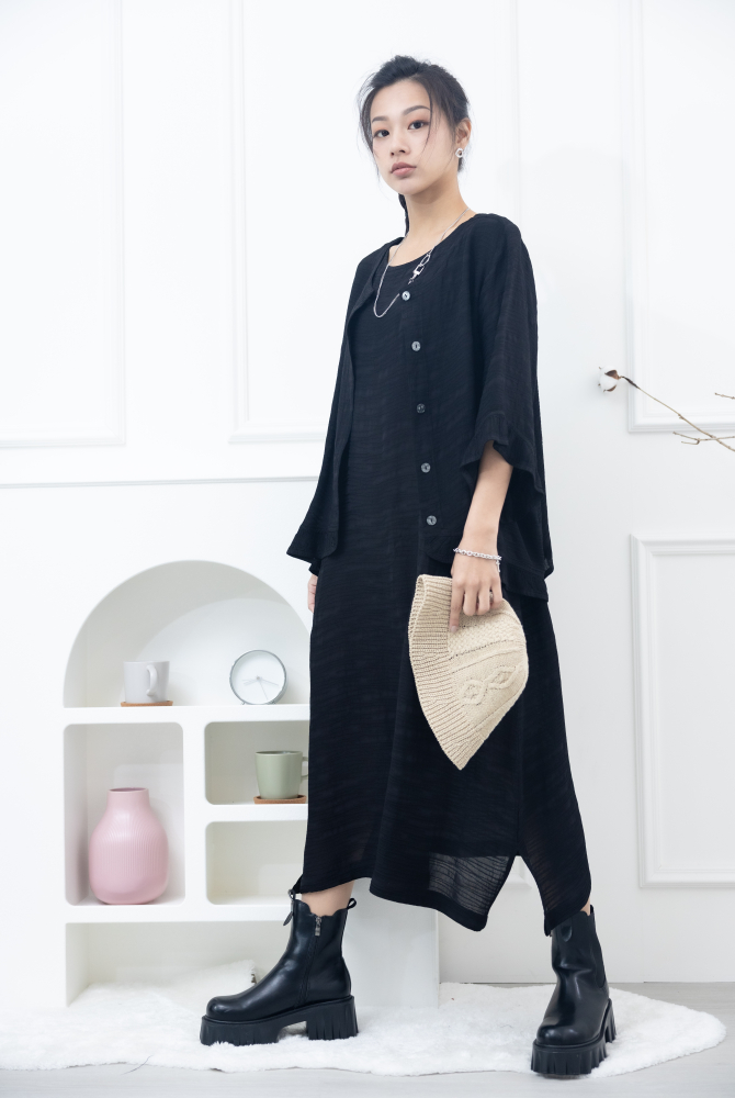 원피스 不規則橫織暈染感無袖洋裝 / 黑色