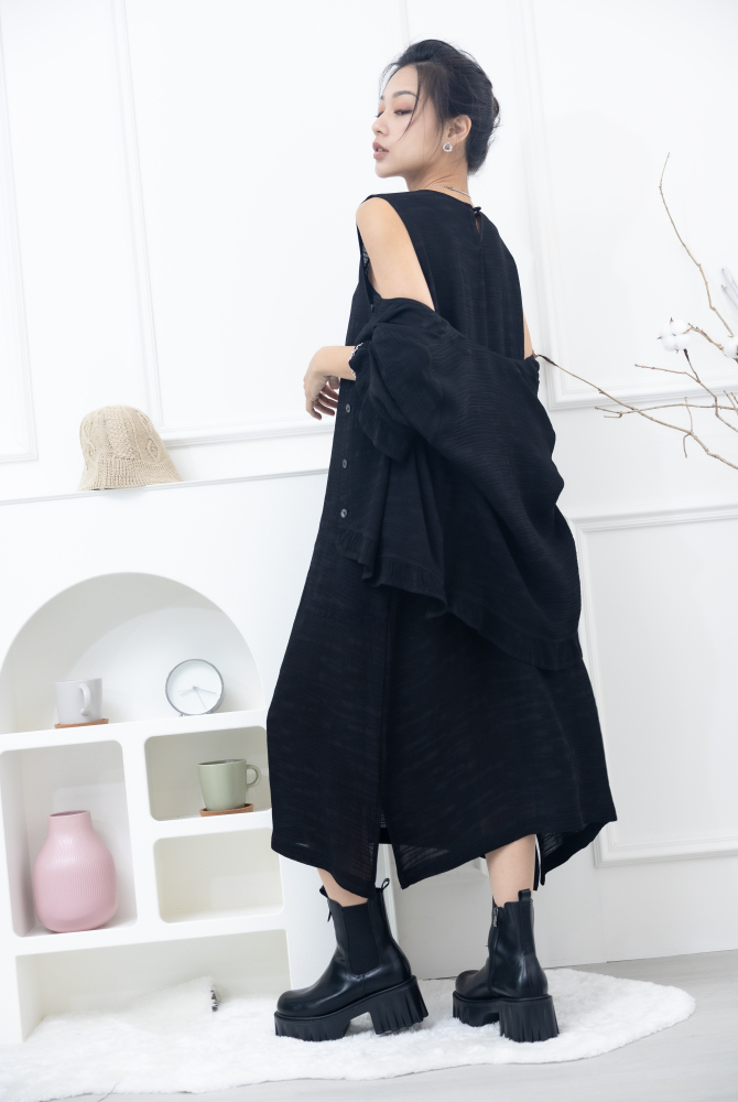 원피스 不規則橫織暈染感無袖洋裝 / 黑色