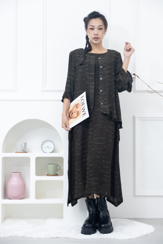 원피스 不規則橫織暈染感無袖洋裝 / 墨綠色