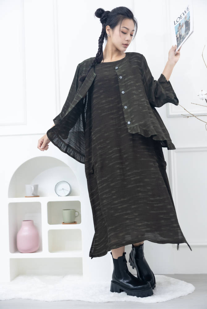 원피스 不規則橫織暈染感無袖洋裝 / 墨綠色