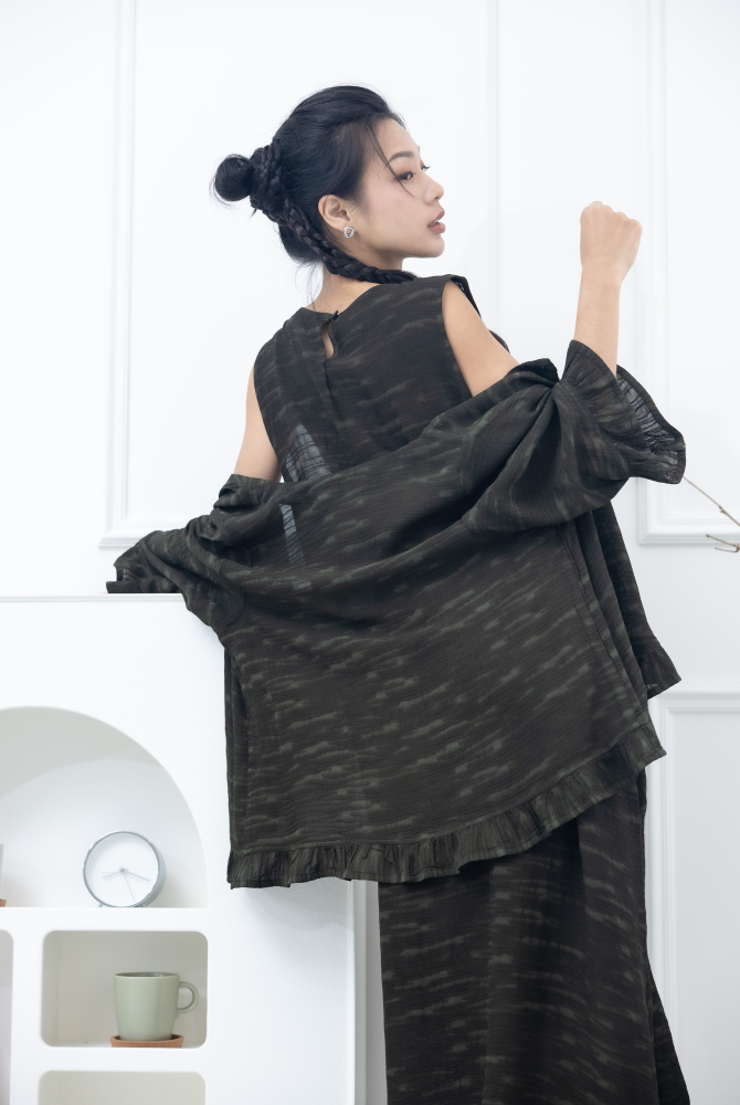 원피스 不規則橫織暈染感無袖洋裝 / 墨綠色