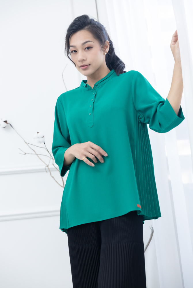긴팔 素面側邊折子半開襟上衣 / 綠色