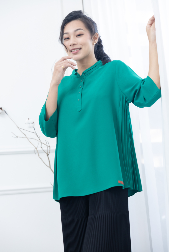 긴팔 素面側邊折子半開襟上衣 / 綠色
