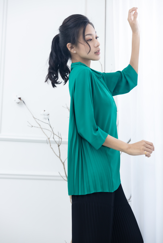 긴팔 素面側邊折子半開襟上衣 / 綠色