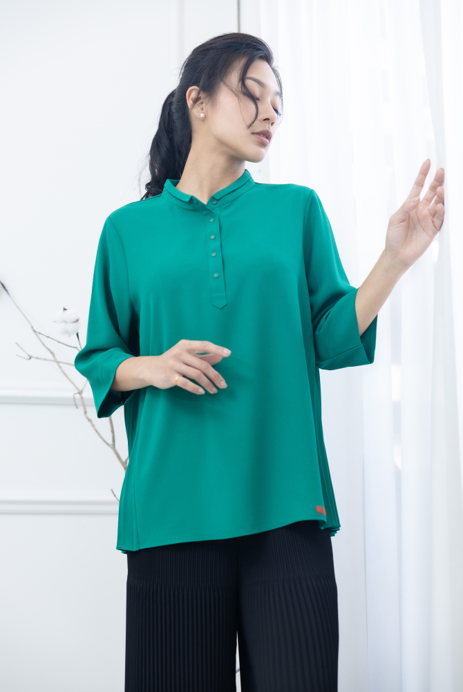 긴팔 素面側邊折子半開襟上衣 / 綠色