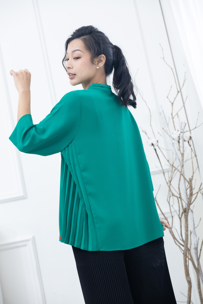 긴팔 素面側邊折子半開襟上衣 / 綠色