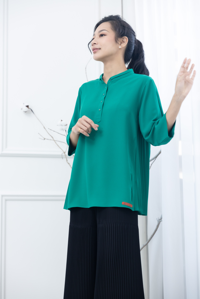긴팔 素面側邊折子半開襟上衣 / 綠色