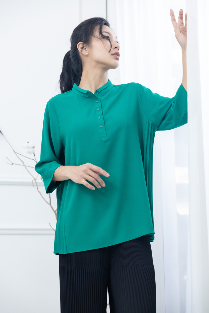 긴팔 素面側邊折子半開襟上衣 / 綠色