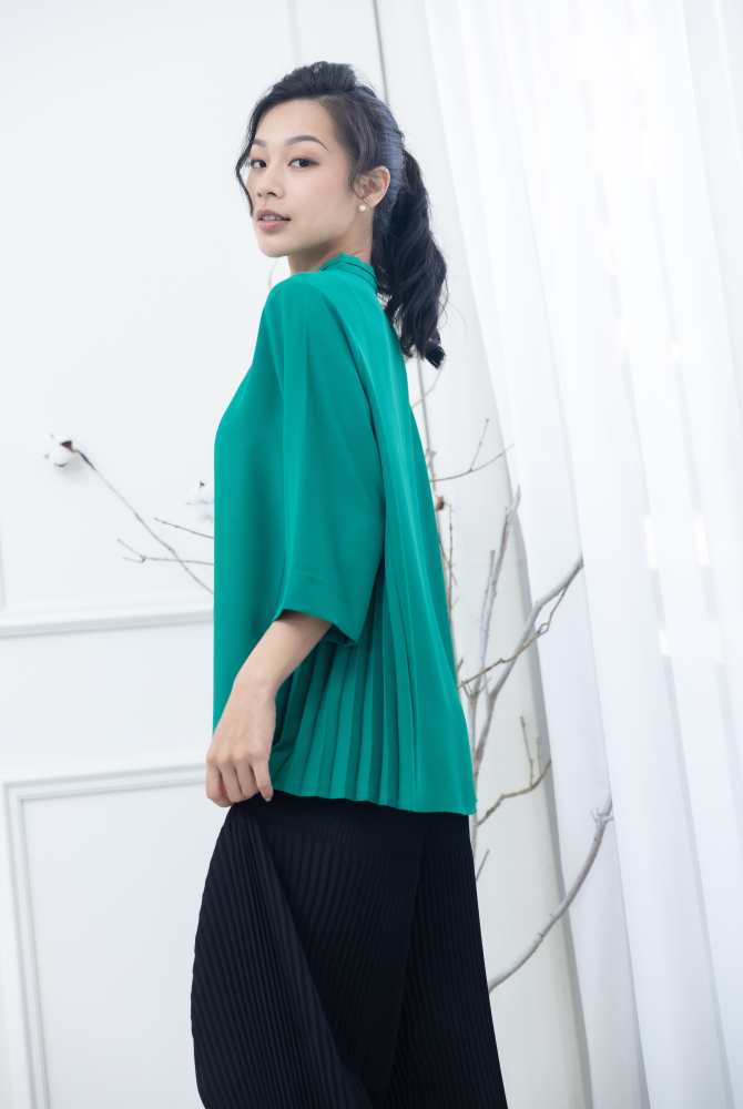 긴팔 素面側邊折子半開襟上衣 / 綠色