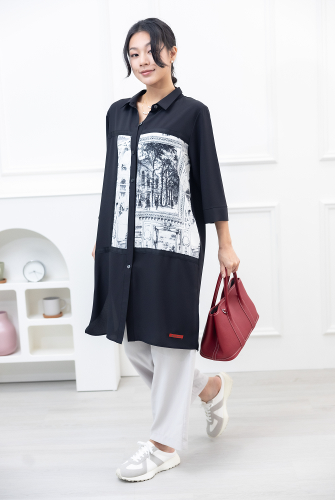 긴팔 風景照印花拼接黑緞帶長版上衣 / 黑色