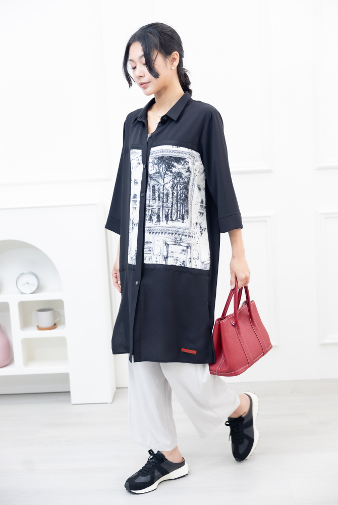 긴팔 風景照印花拼接黑緞帶長版上衣 / 黑色