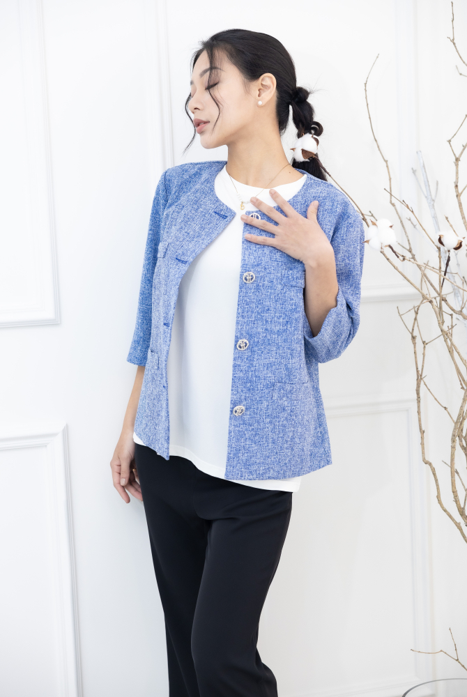 긴팔 코트 氣質小香風七分袖外套 / 藍色