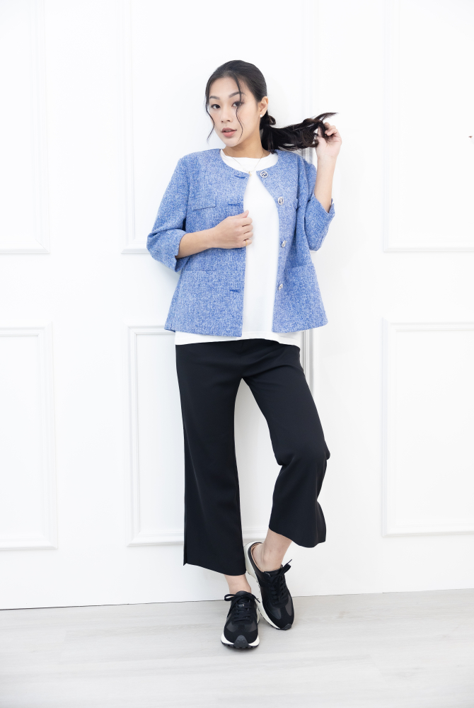 긴팔 코트 氣質小香風七分袖外套 / 藍色