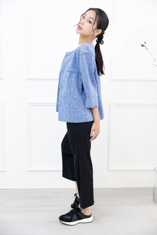 긴팔 코트 氣質小香風七分袖外套 / 藍色