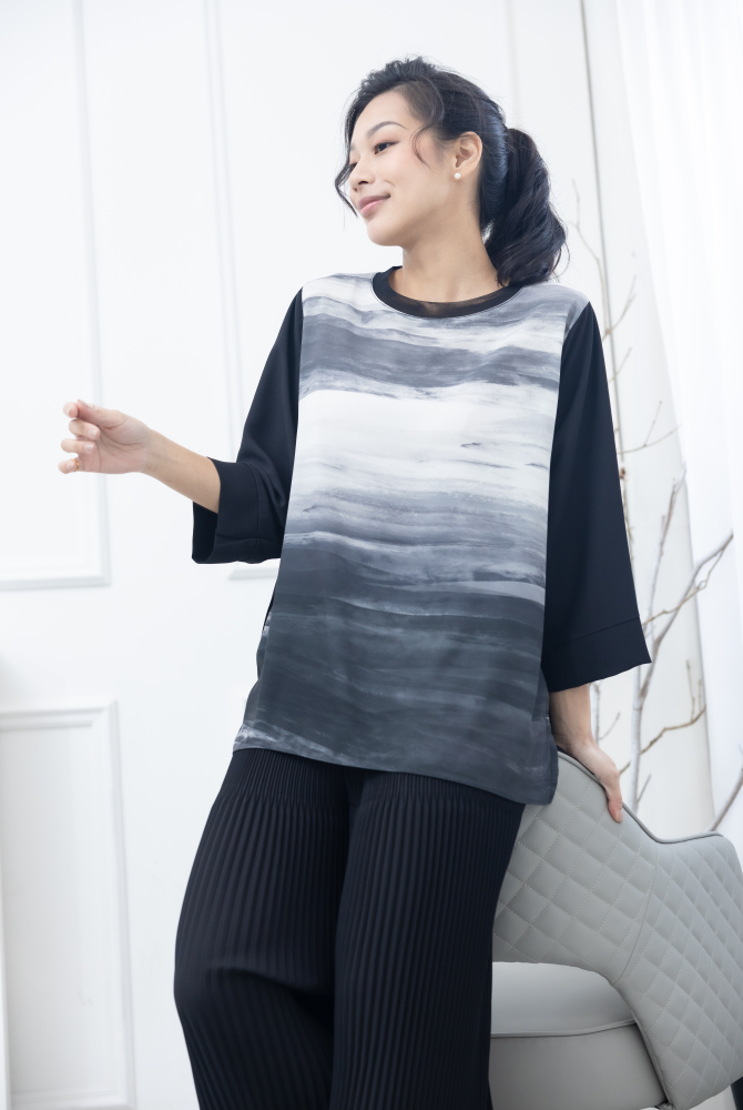긴팔 前水墨筆痕上衣 / 黑灰色