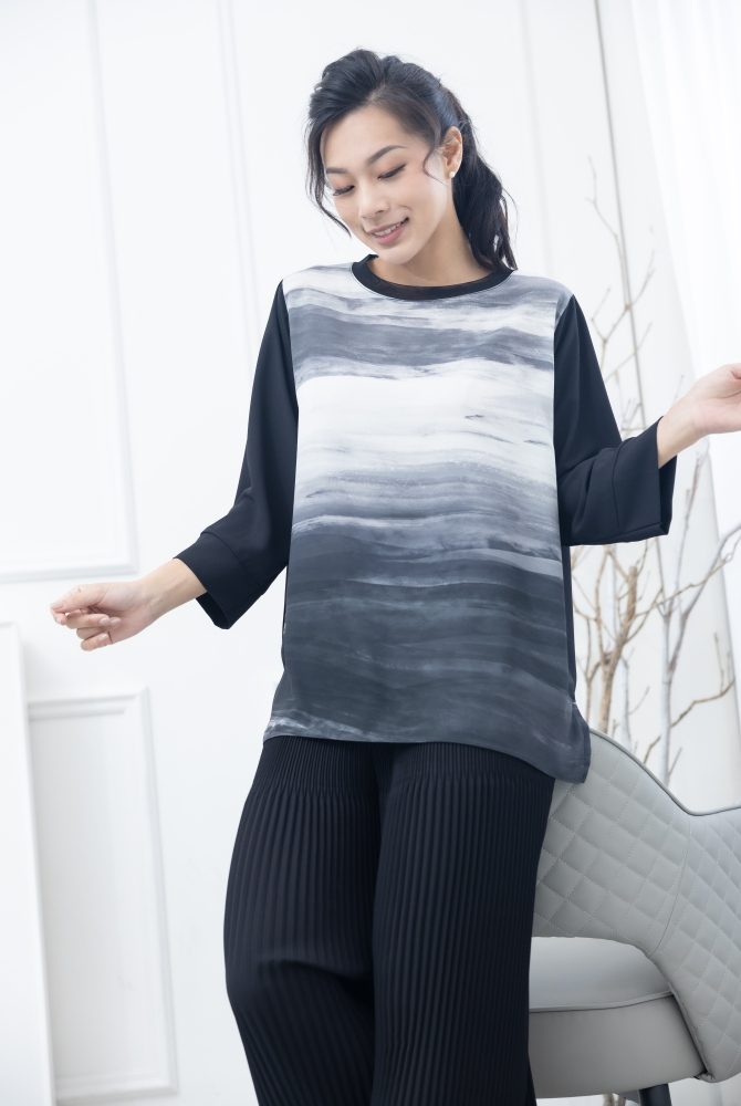 긴팔 前水墨筆痕上衣 / 黑灰色