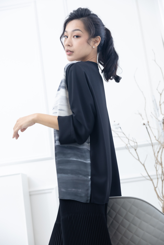 긴팔 前水墨筆痕上衣 / 黑灰色