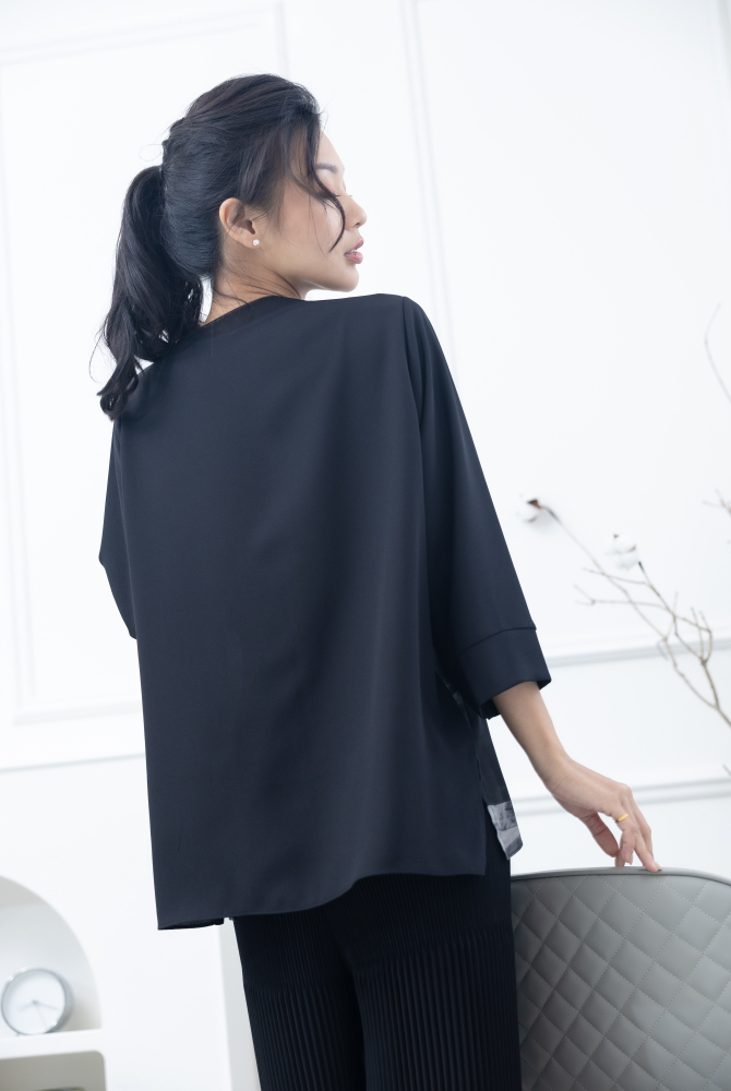 긴팔 前水墨筆痕上衣 / 黑灰色