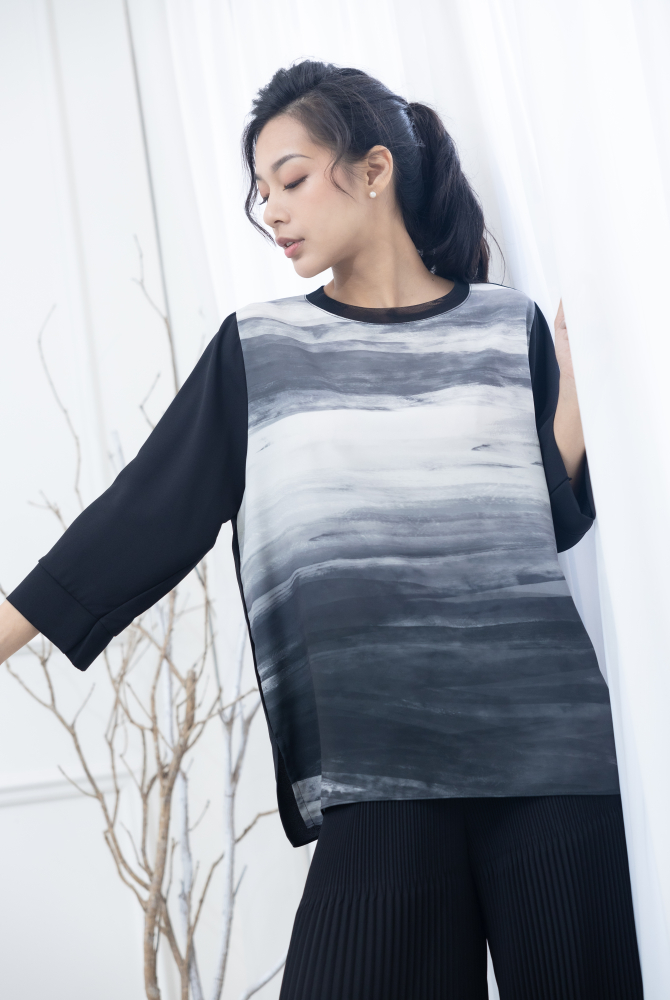 긴팔 前水墨筆痕上衣 / 黑灰色