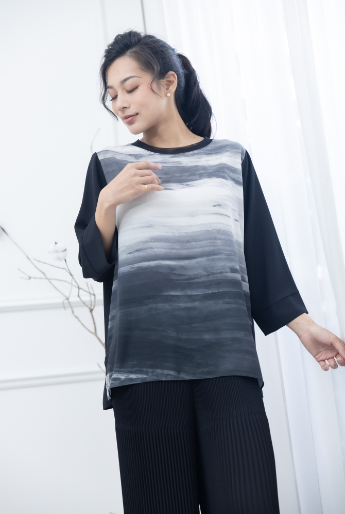 긴팔 前水墨筆痕上衣 / 黑灰色