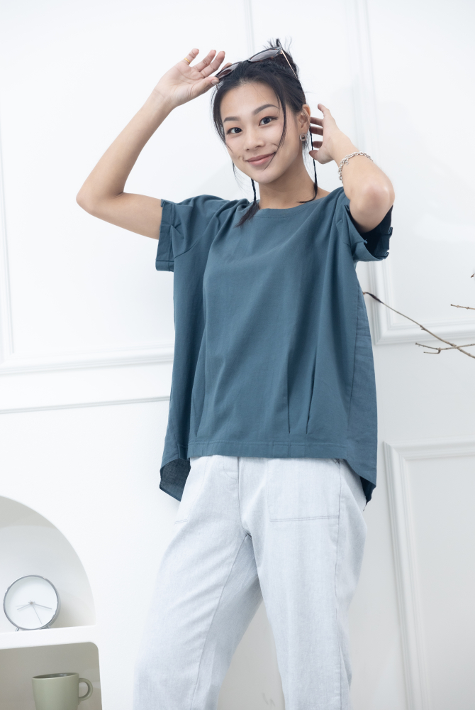 반팔 素面小圓領彈性棉上衣 / 藍綠色
