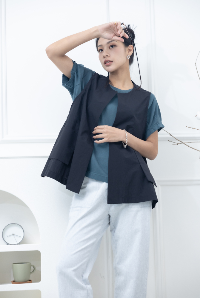 반팔 素面小圓領彈性棉上衣 / 藍綠色