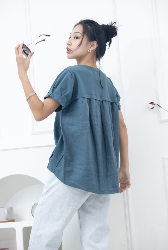 반팔 素面小圓領彈性棉上衣 / 藍綠色