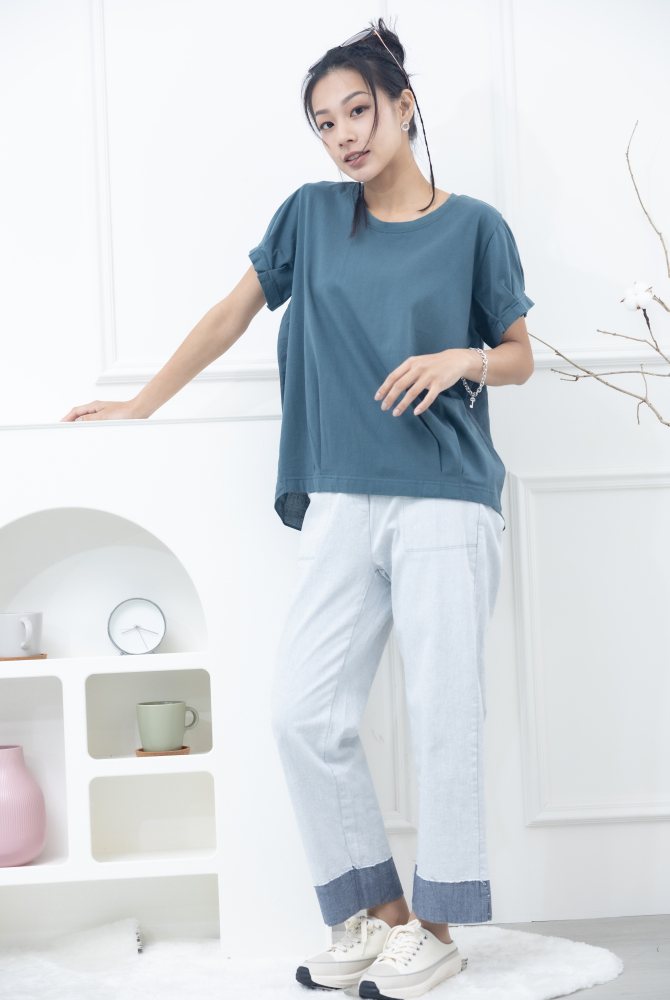 반팔 素面小圓領彈性棉上衣 / 藍綠色