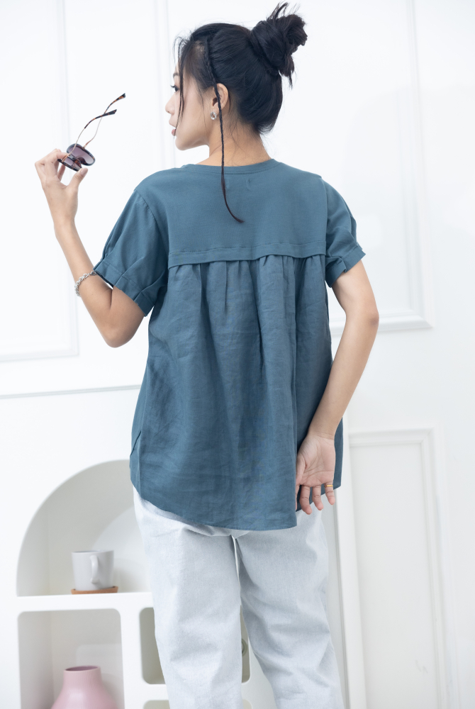 반팔 素面小圓領彈性棉上衣 / 藍綠色