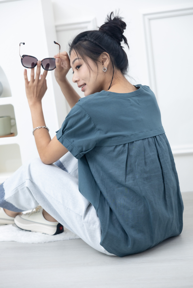 반팔 素面小圓領彈性棉上衣 / 藍綠色