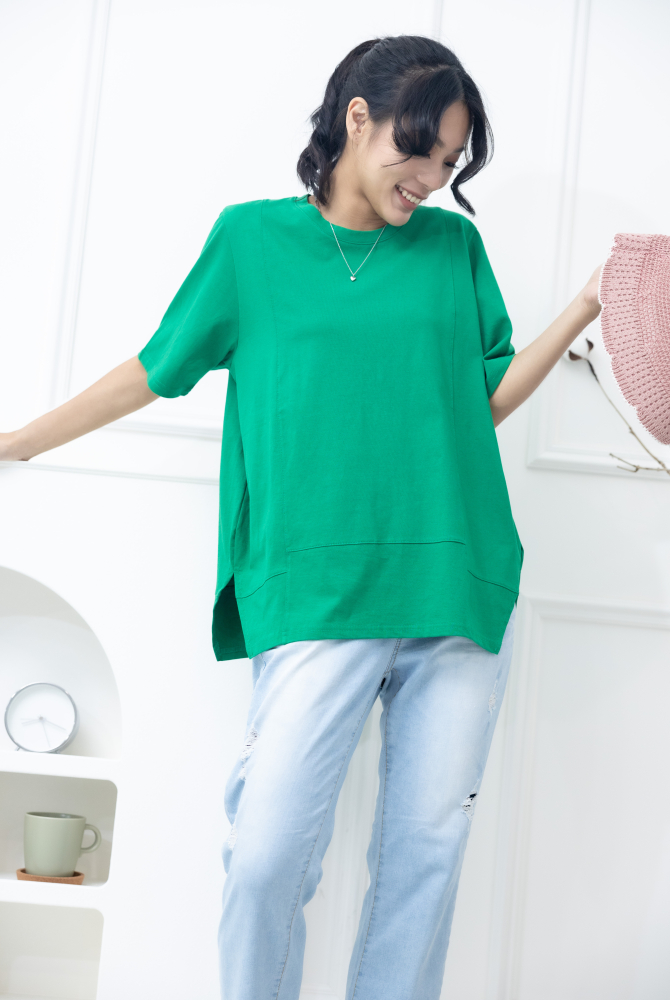 반팔 圓領花苞下擺上衣 / 綠色