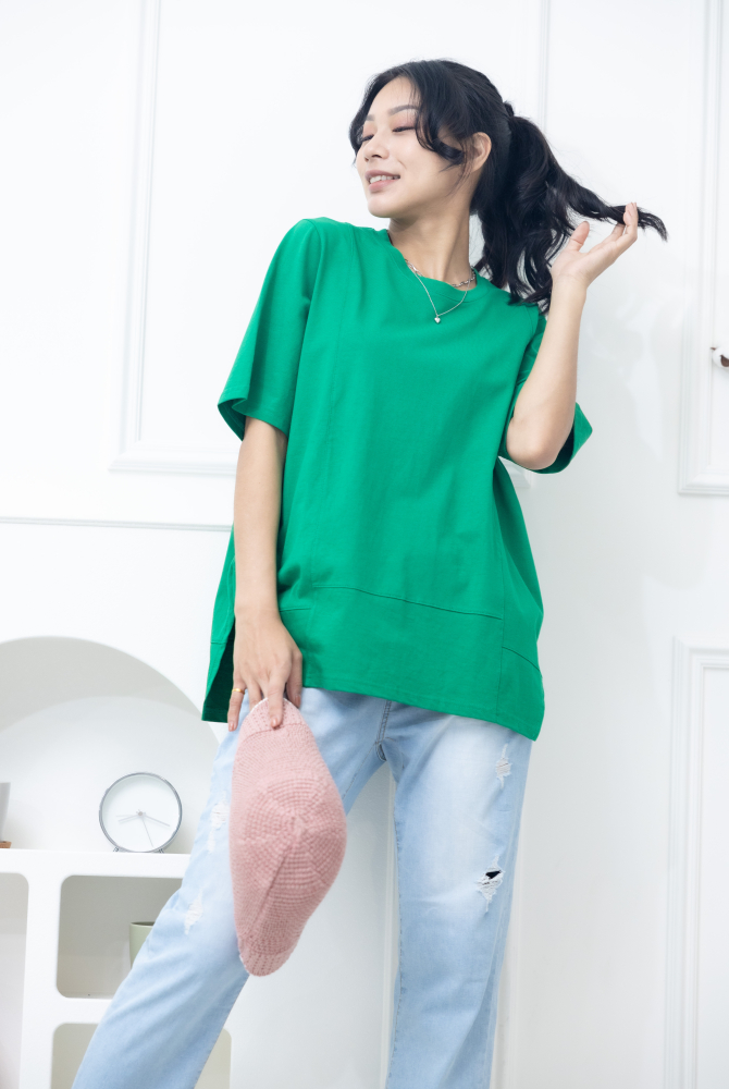 반팔 圓領花苞下擺上衣 / 綠色