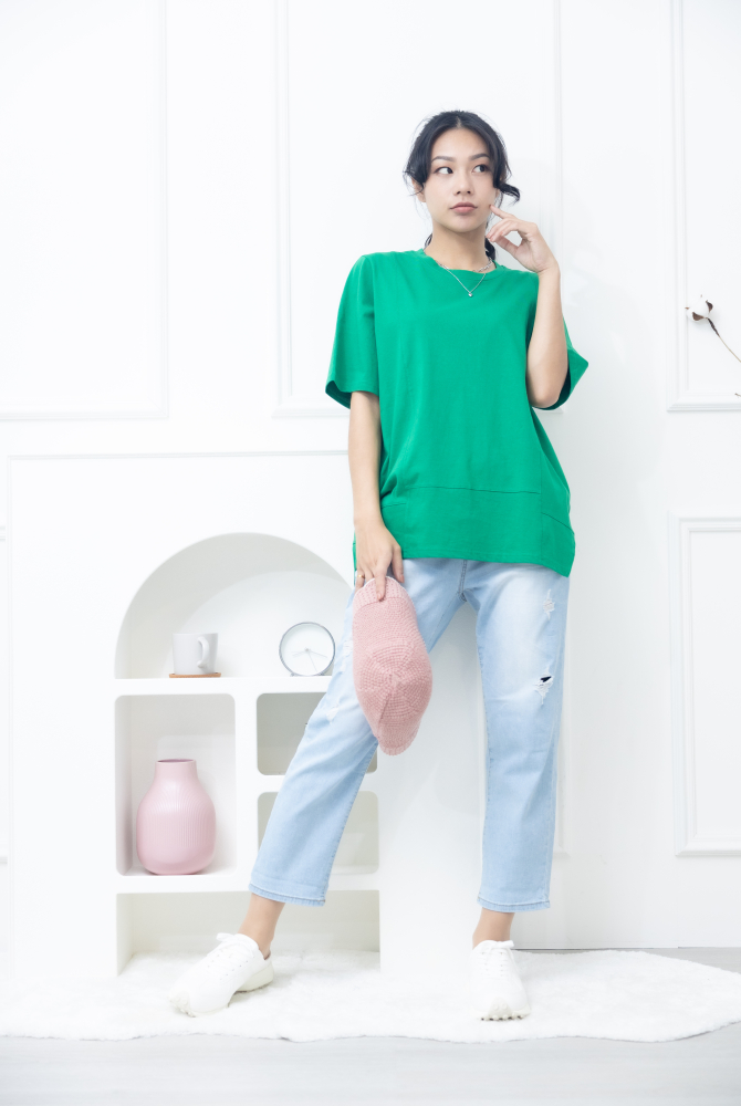 반팔 圓領花苞下擺上衣 / 綠色