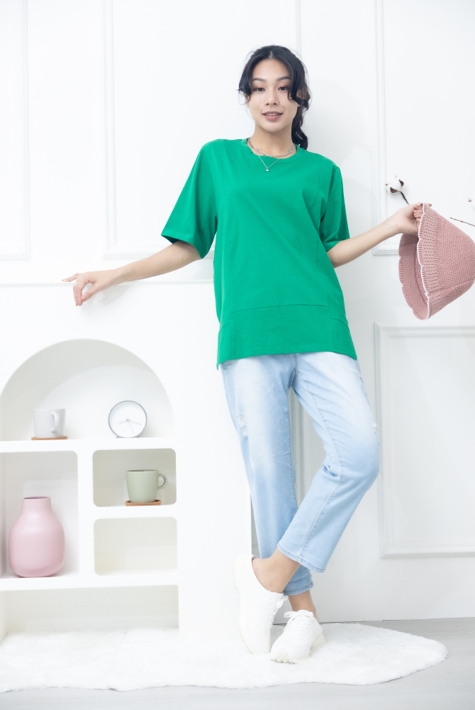 반팔 圓領花苞下擺上衣 / 綠色