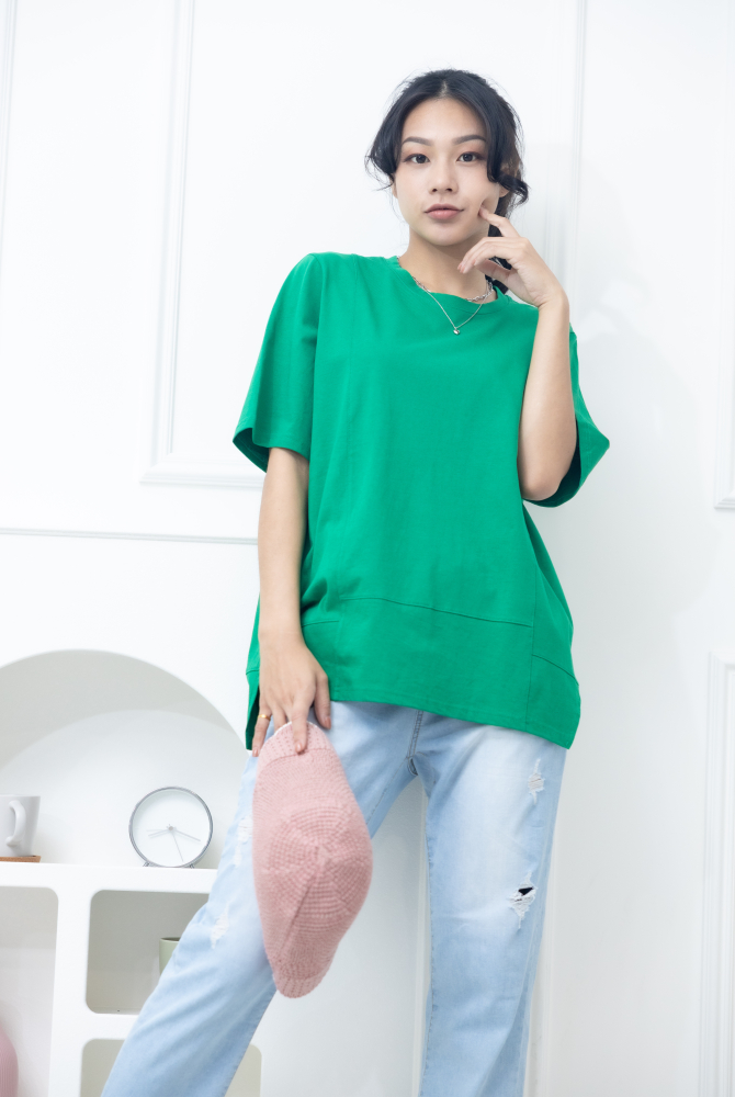 반팔 圓領花苞下擺上衣 / 綠色