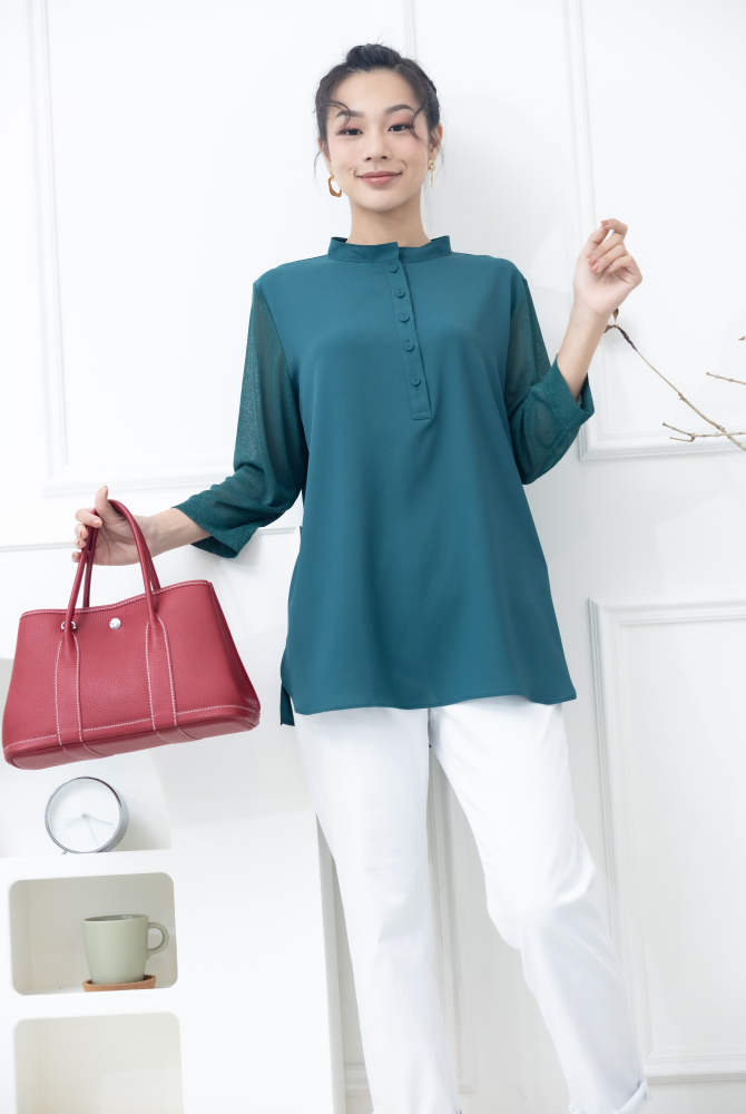 긴팔 雙層彈性紗袖雪紡上衣 / 綠色