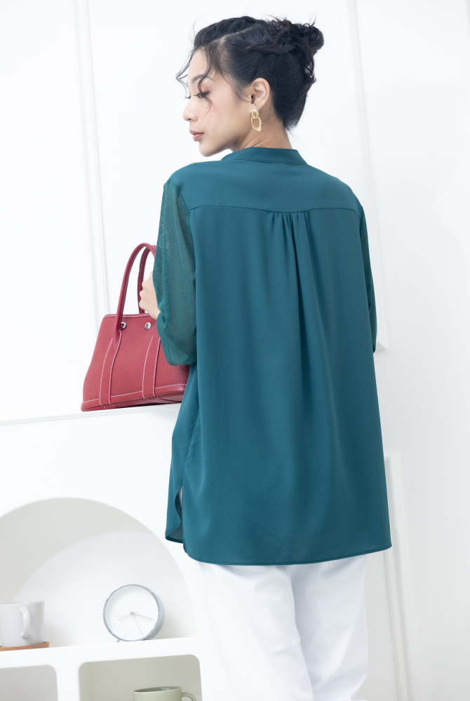 긴팔 雙層彈性紗袖雪紡上衣 / 綠色
