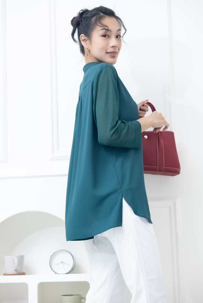 긴팔 雙層彈性紗袖雪紡上衣 / 綠色