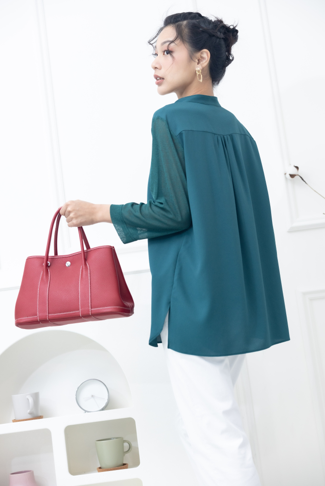 긴팔 雙層彈性紗袖雪紡上衣 / 綠色