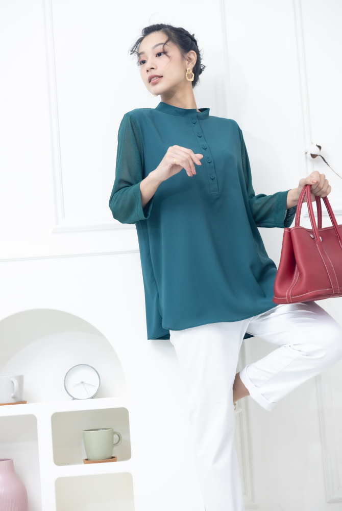 긴팔 雙層彈性紗袖雪紡上衣 / 綠色