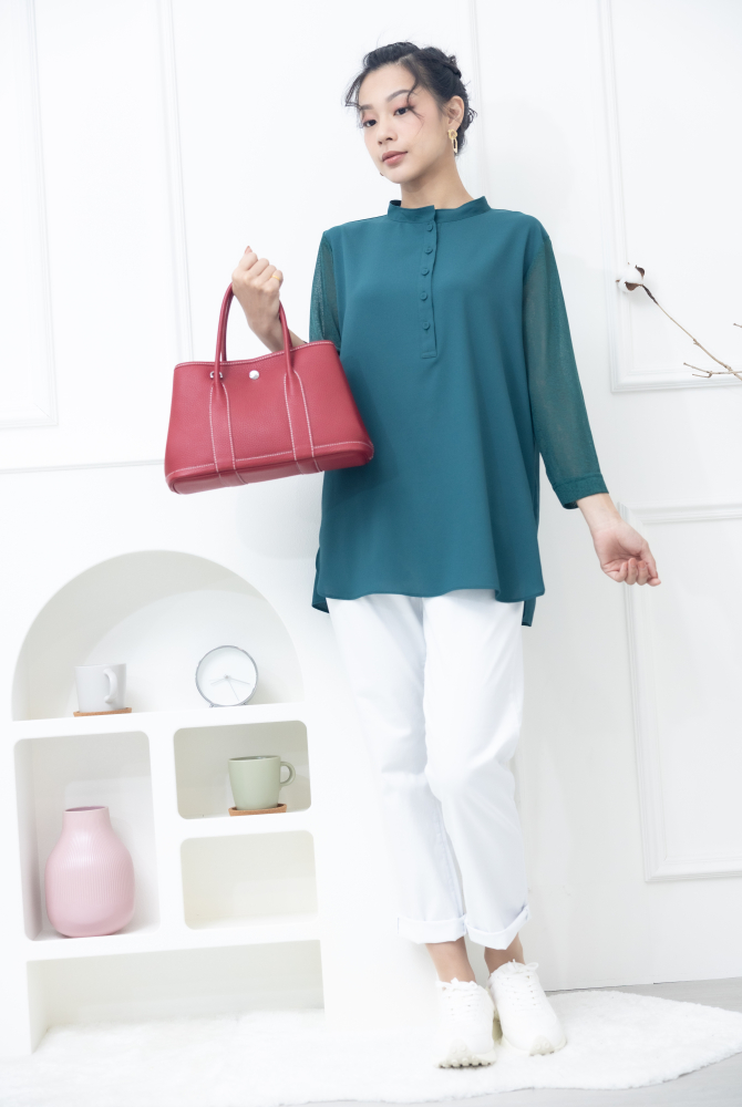 긴팔 雙層彈性紗袖雪紡上衣 / 綠色