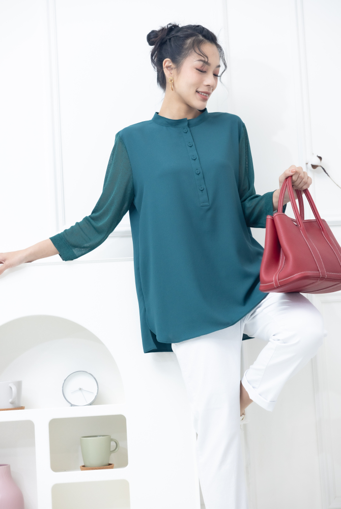 긴팔 雙層彈性紗袖雪紡上衣 / 綠色