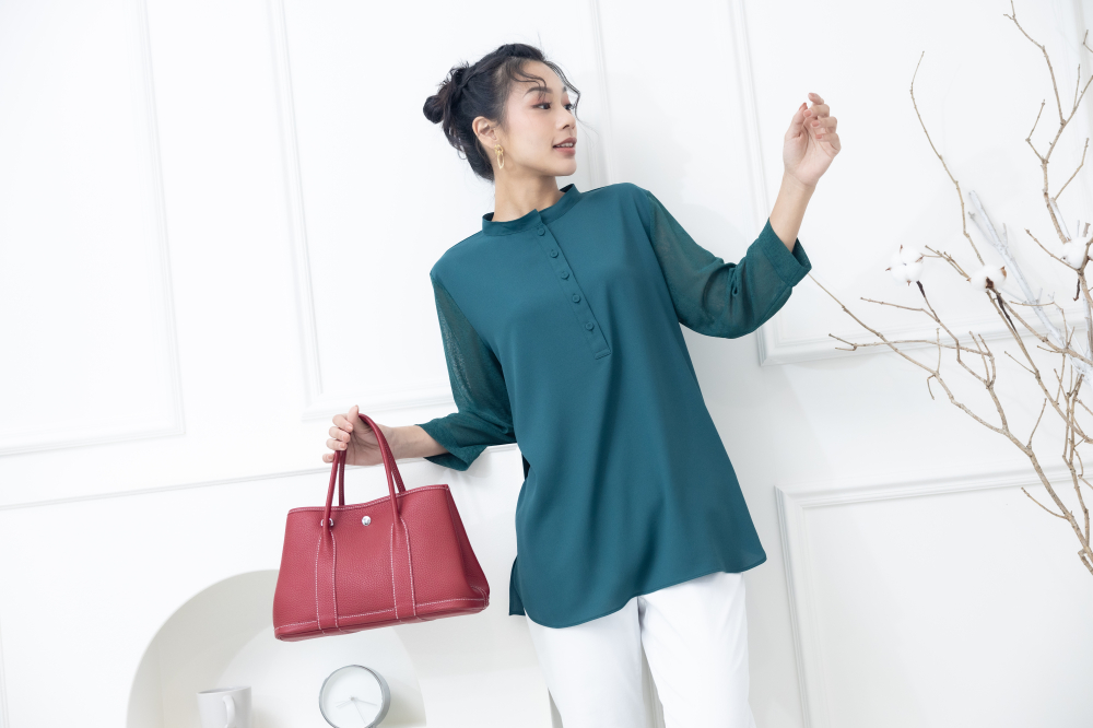 긴팔 雙層彈性紗袖雪紡上衣 / 綠色