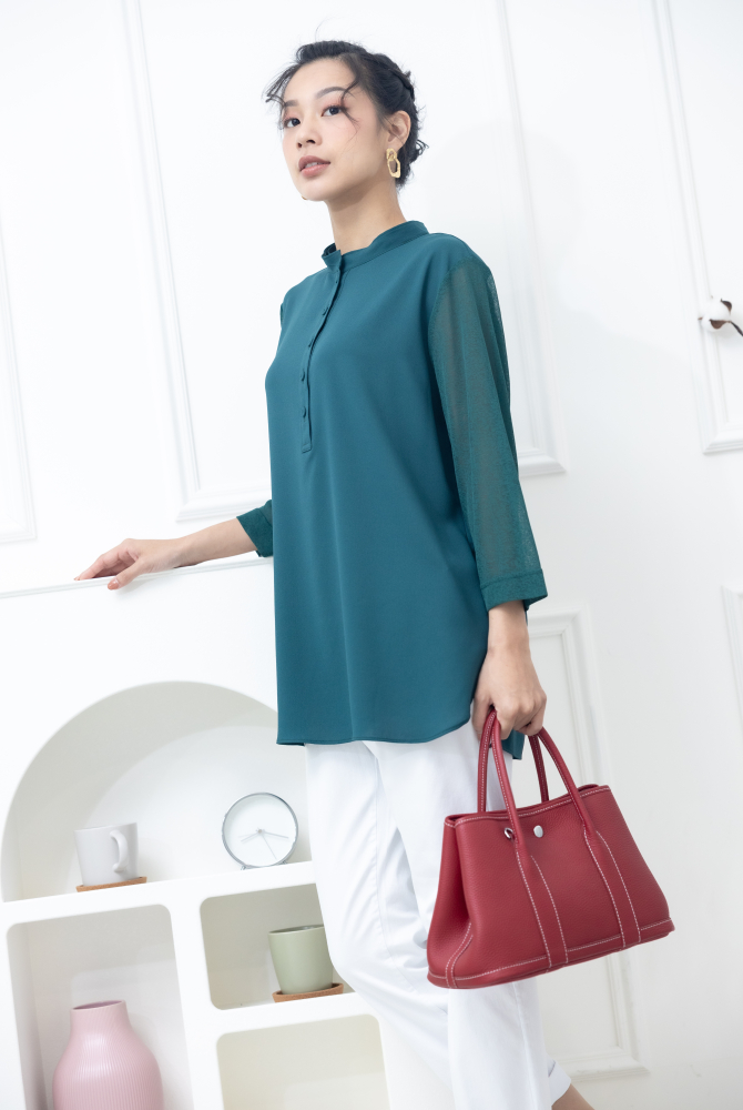 긴팔 雙層彈性紗袖雪紡上衣 / 綠色