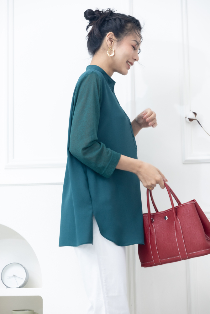 긴팔 雙層彈性紗袖雪紡上衣 / 綠色