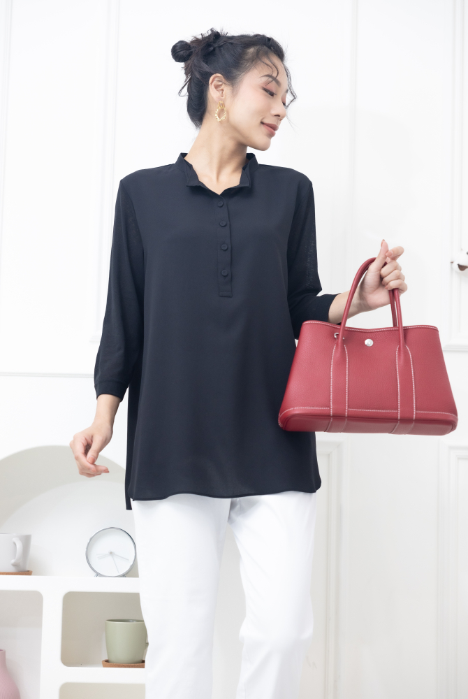 긴팔 雙層彈性紗袖雪紡上衣 / 黑色