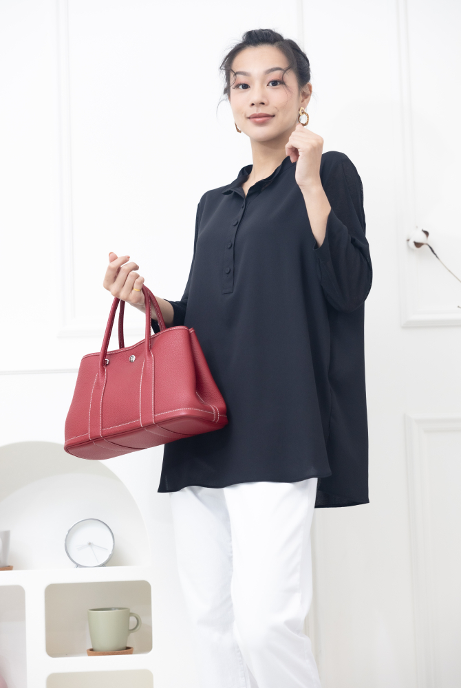 긴팔 雙層彈性紗袖雪紡上衣 / 黑色