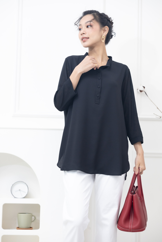 긴팔 雙層彈性紗袖雪紡上衣 / 黑色