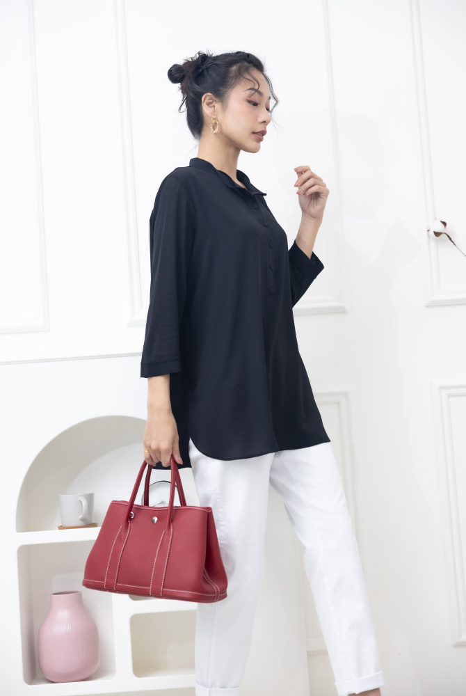 긴팔 雙層彈性紗袖雪紡上衣 / 黑色